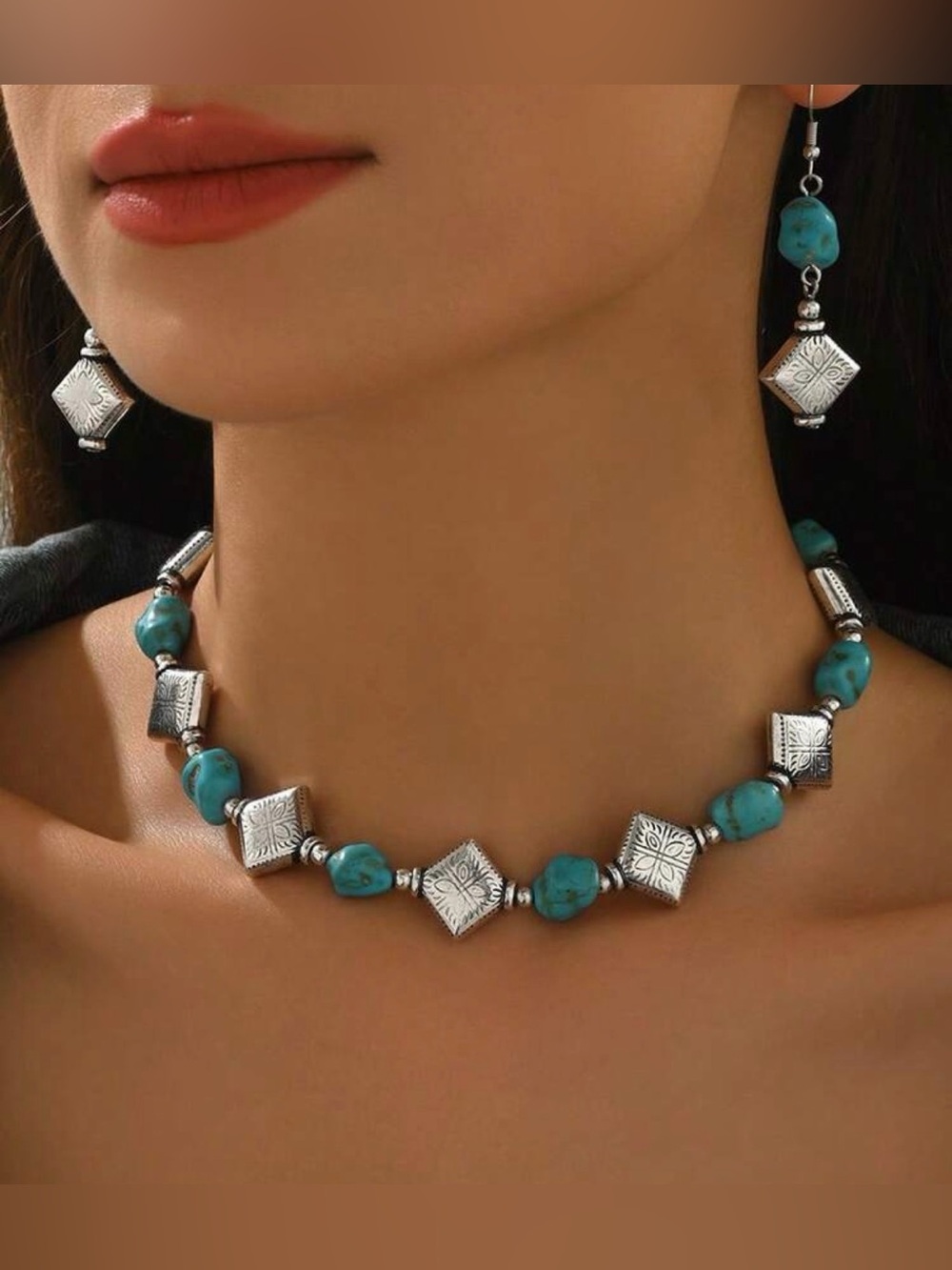 Turquoise Beaded Silver Accent Necklace - Women